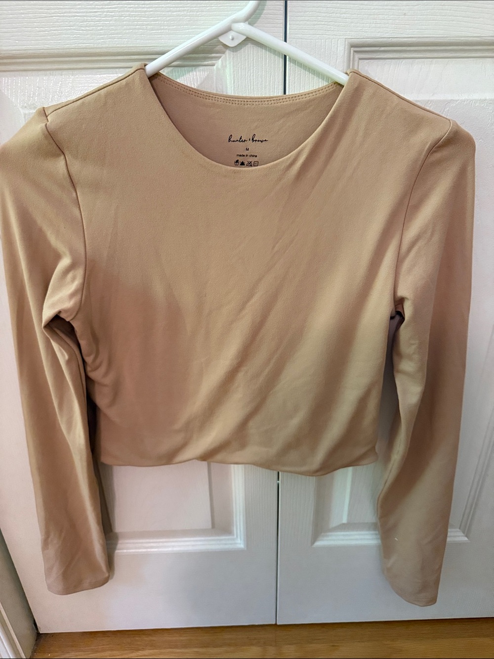 Slim Fit Neutral Beige Long-Sleeve Scoop Neck Crop Top by Hunter & Brown